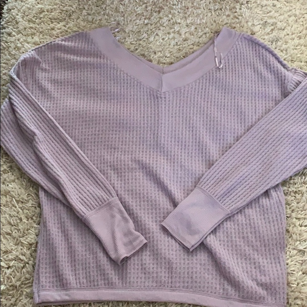 Purple Waffle Knitted Double V Neck Long Sleeve